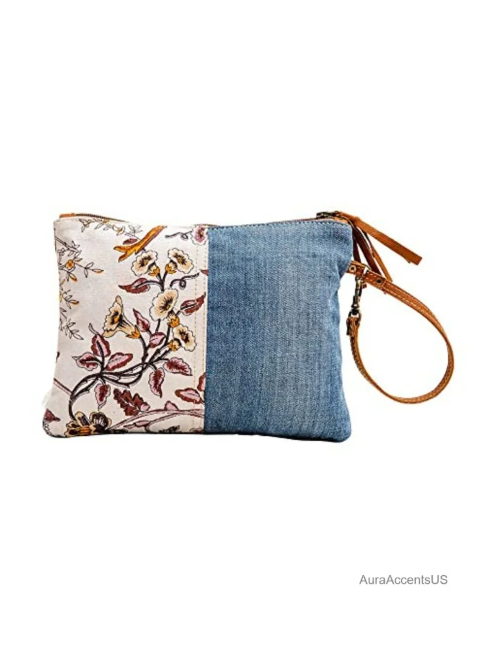 Handcrafted Patchwork Fabric Wristlet Purse with Leather Strap Boho Style